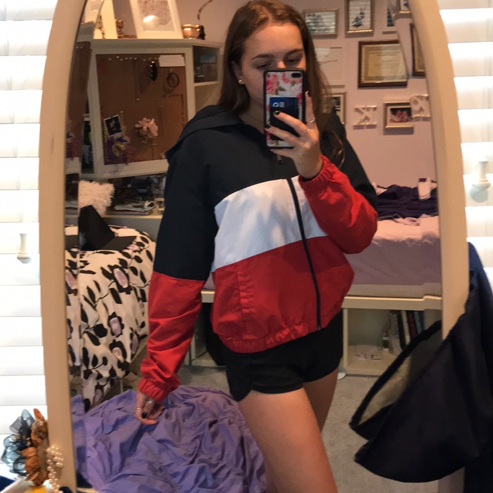 Red White and Blue Zip-up Jacket with Hoodie